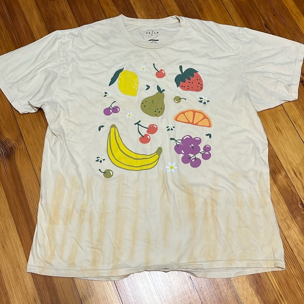 4/$25 SALE PAC SUN Oversized Yellow Tie Dye Graphic Fruit Short Sleeve Tee Shirt